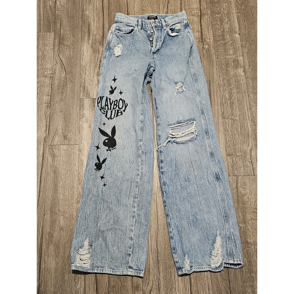 Pacsun Playboy Jeans Womens 24x32 Denim Blue Baggy Distressed Skater Y2K Grunge
